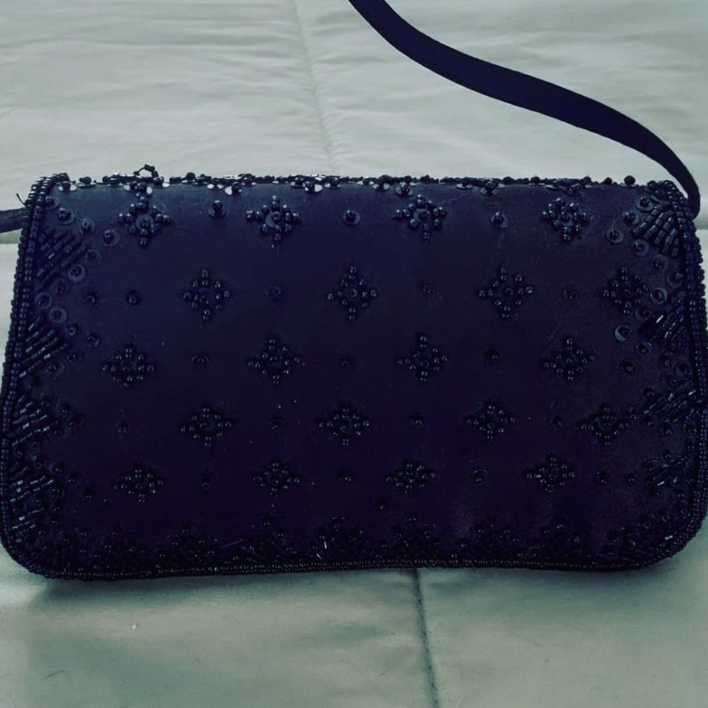 black beaded evening bag with optional shoulder strap